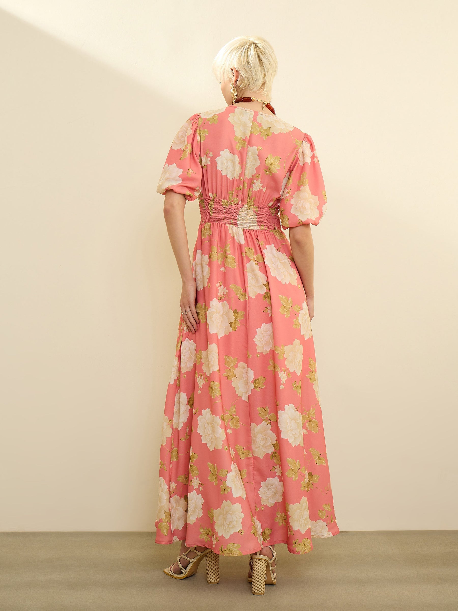Pink Floral Balloon Sleeves Maxi Dress-SASSAFRAS