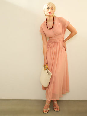 Pink Solid Cap Sleeves Maxi Dress-SASSAFRAS