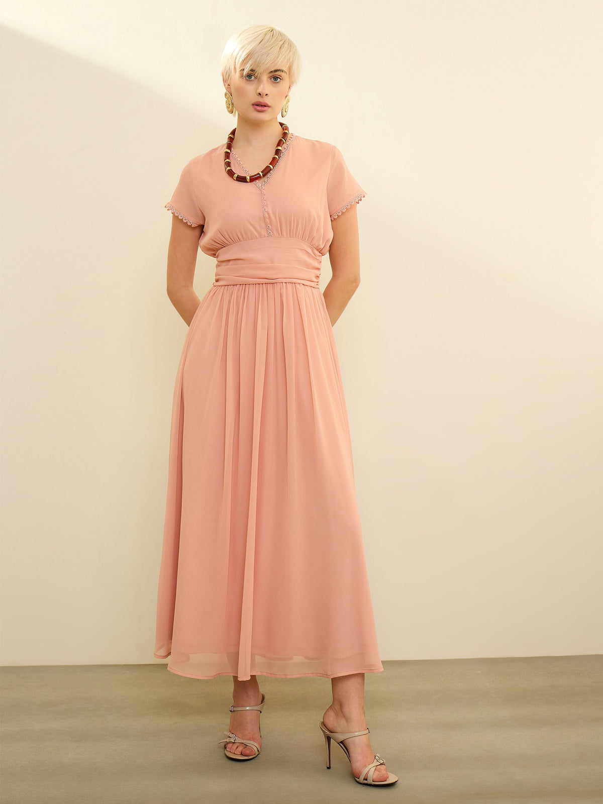 Pink Solid Cap Sleeves Maxi Dress-SASSAFRAS