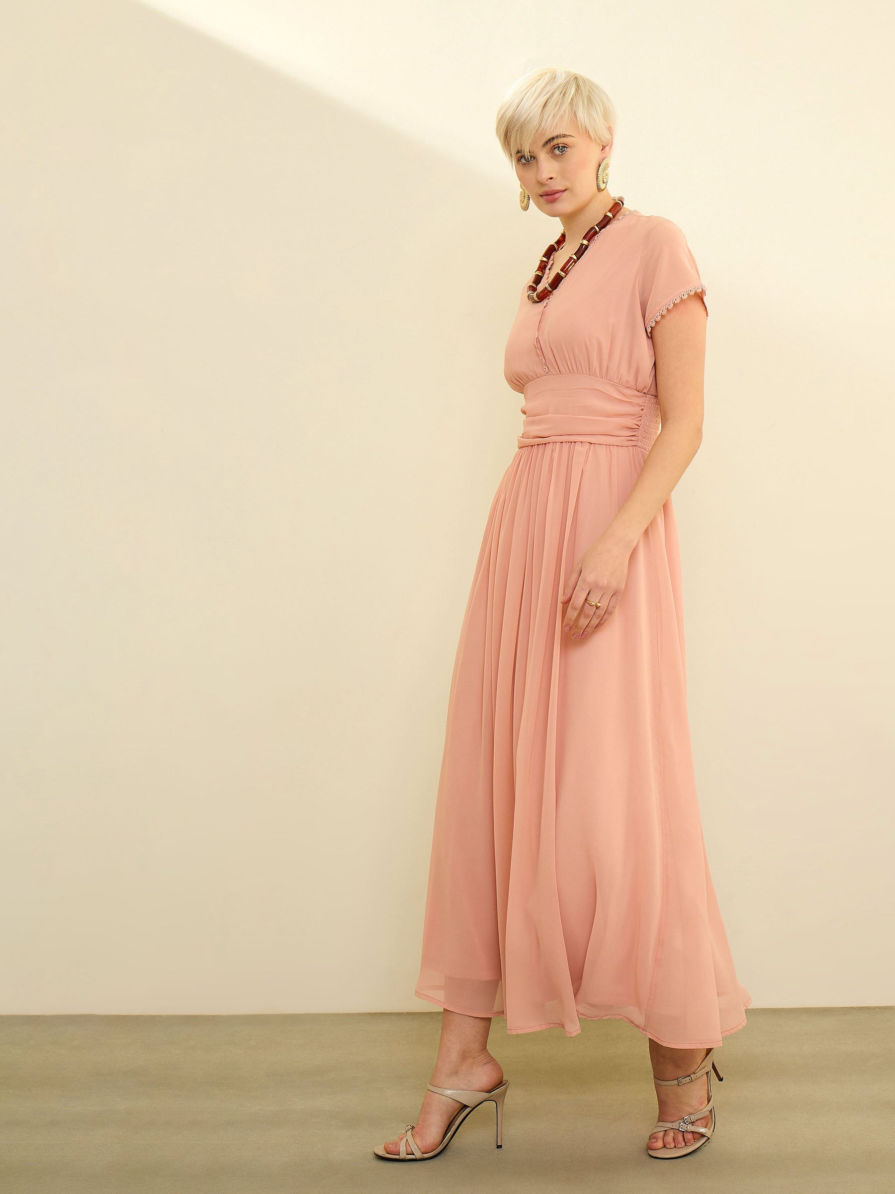 Pink Solid Cap Sleeves Maxi Dress-SASSAFRAS