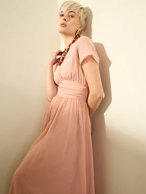 Pink Solid Cap Sleeves Maxi Dress-SASSAFRAS