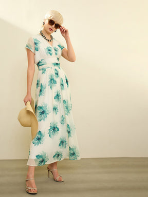 Off-White Floral Cap Sleeves Maxi Dress-SASSAFRAS
