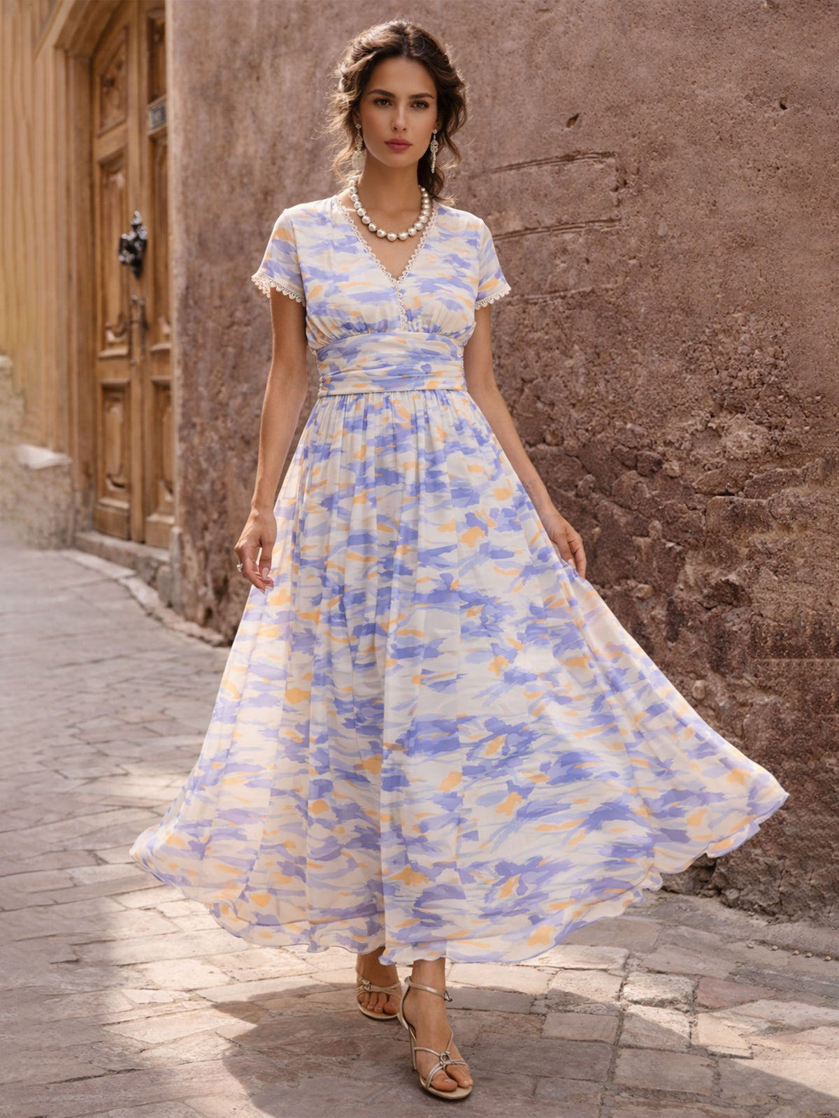 Lavender & Off-White Aztec Print Cap Sleeves Maxi Dress-SASSAFRAS