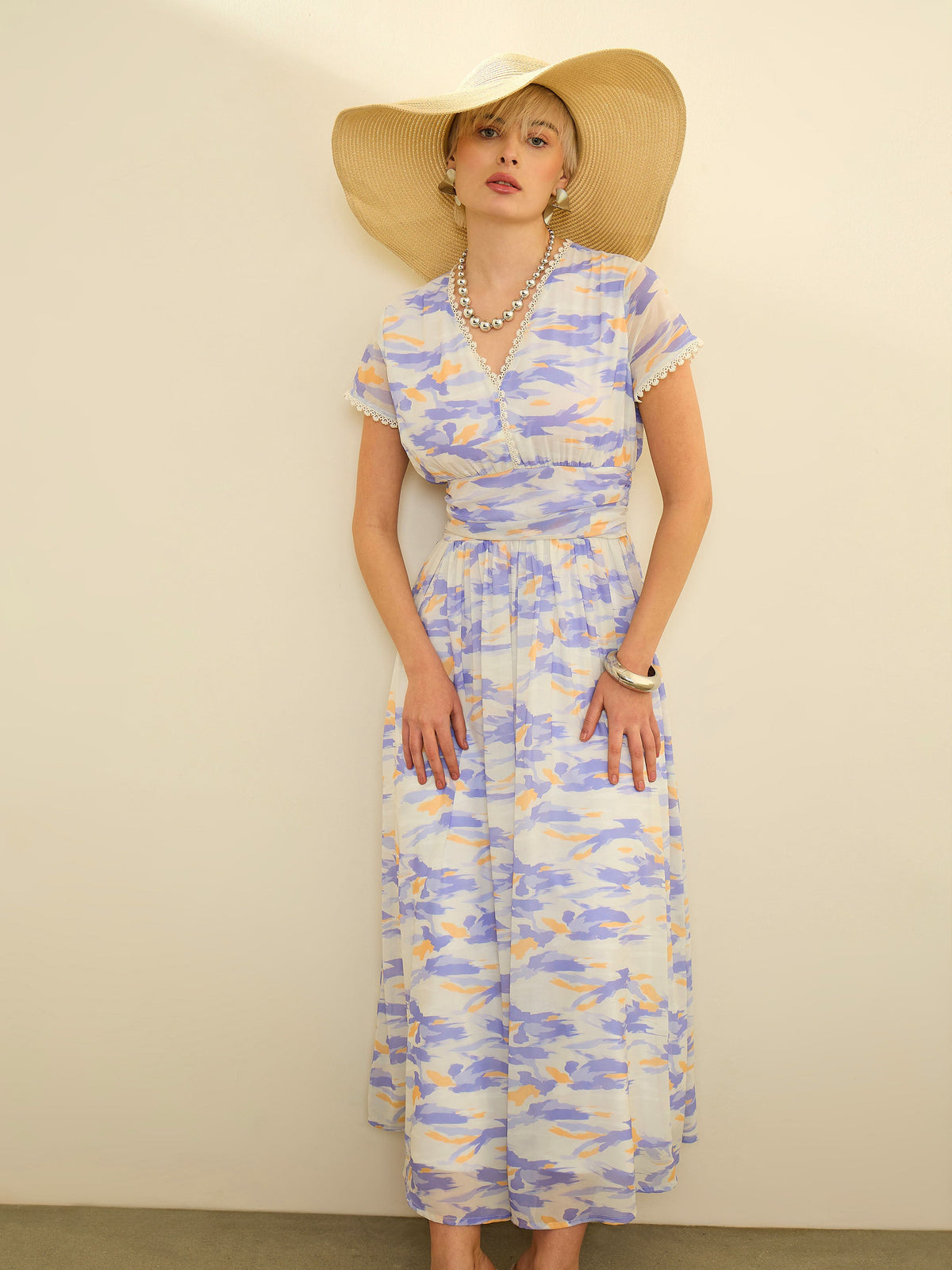 Lavender & Off-White Aztec Print Cap Sleeves Maxi Dress-SASSAFRAS