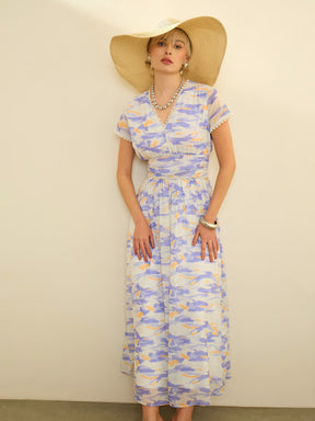 Lavender & Off-White Aztec Print Cap Sleeves Maxi Dress-SASSAFRAS