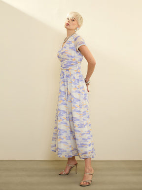Lavender & Off-White Aztec Print Cap Sleeves Maxi Dress-SASSAFRAS