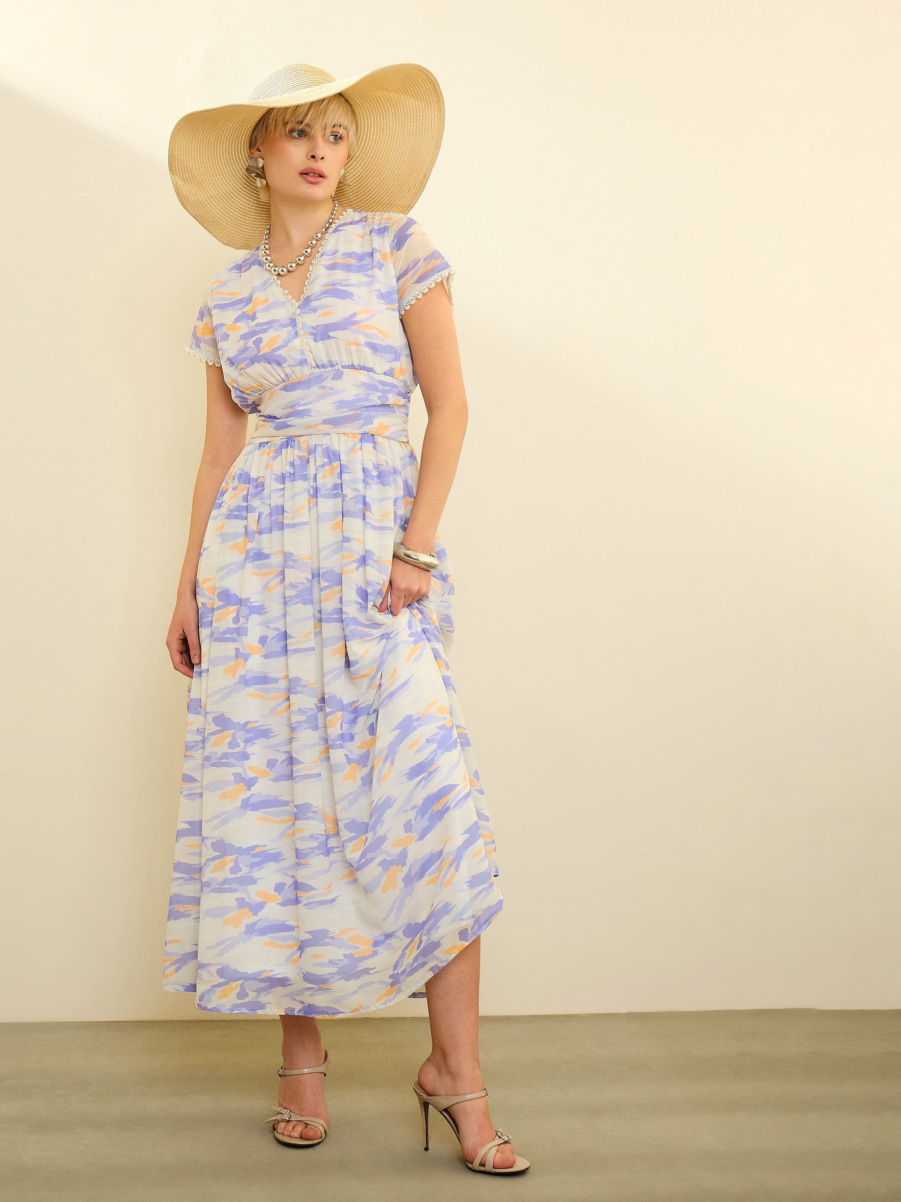 Lavender & Off-White Aztec Print Cap Sleeves Maxi Dress-SASSAFRAS
