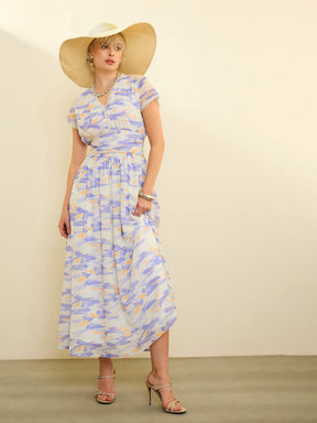 Lavender & Off-White Aztec Print Cap Sleeves Maxi Dress-SASSAFRAS