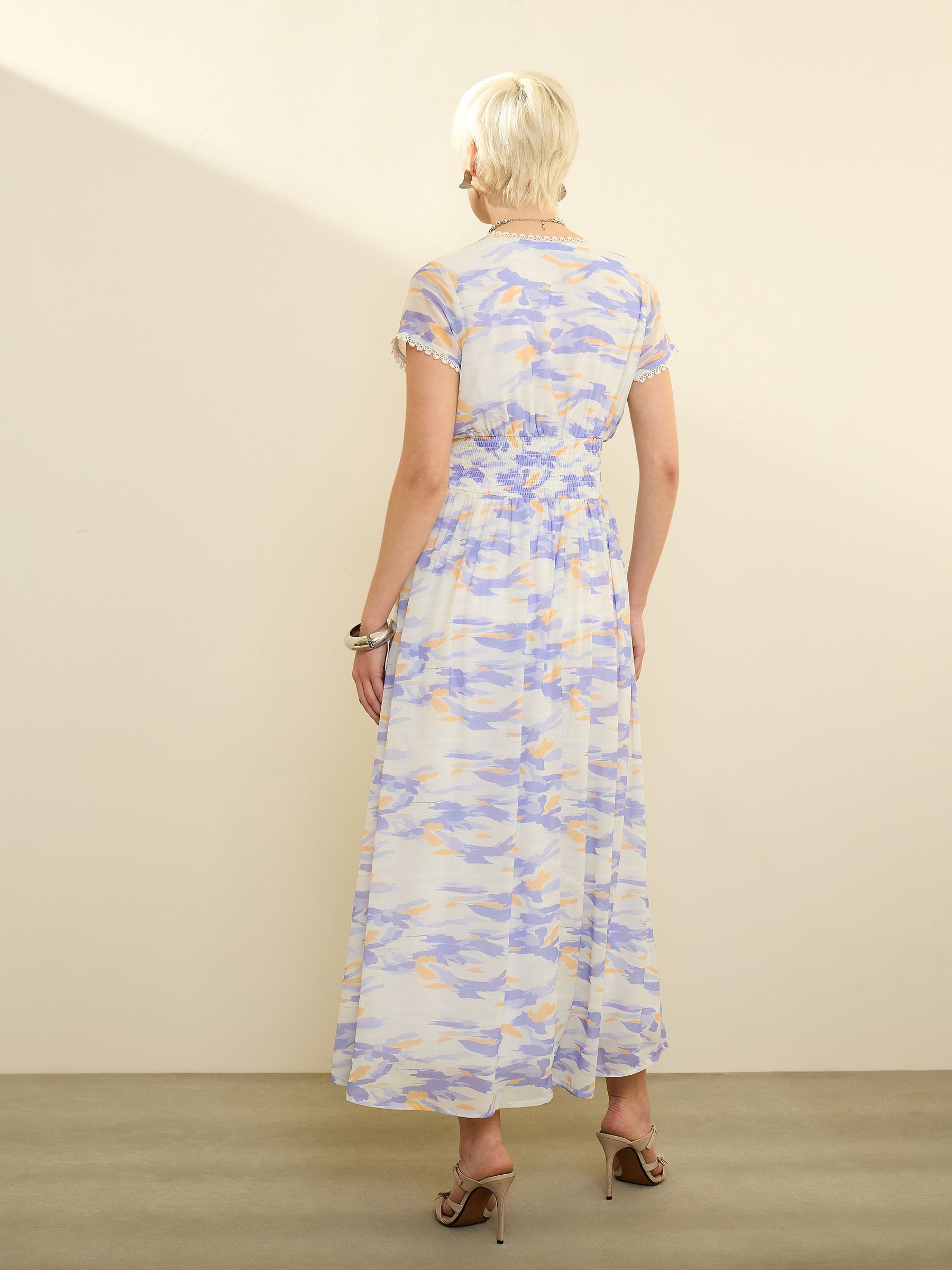 Lavender & Off-White Aztec Print Cap Sleeves Maxi Dress-SASSAFRAS