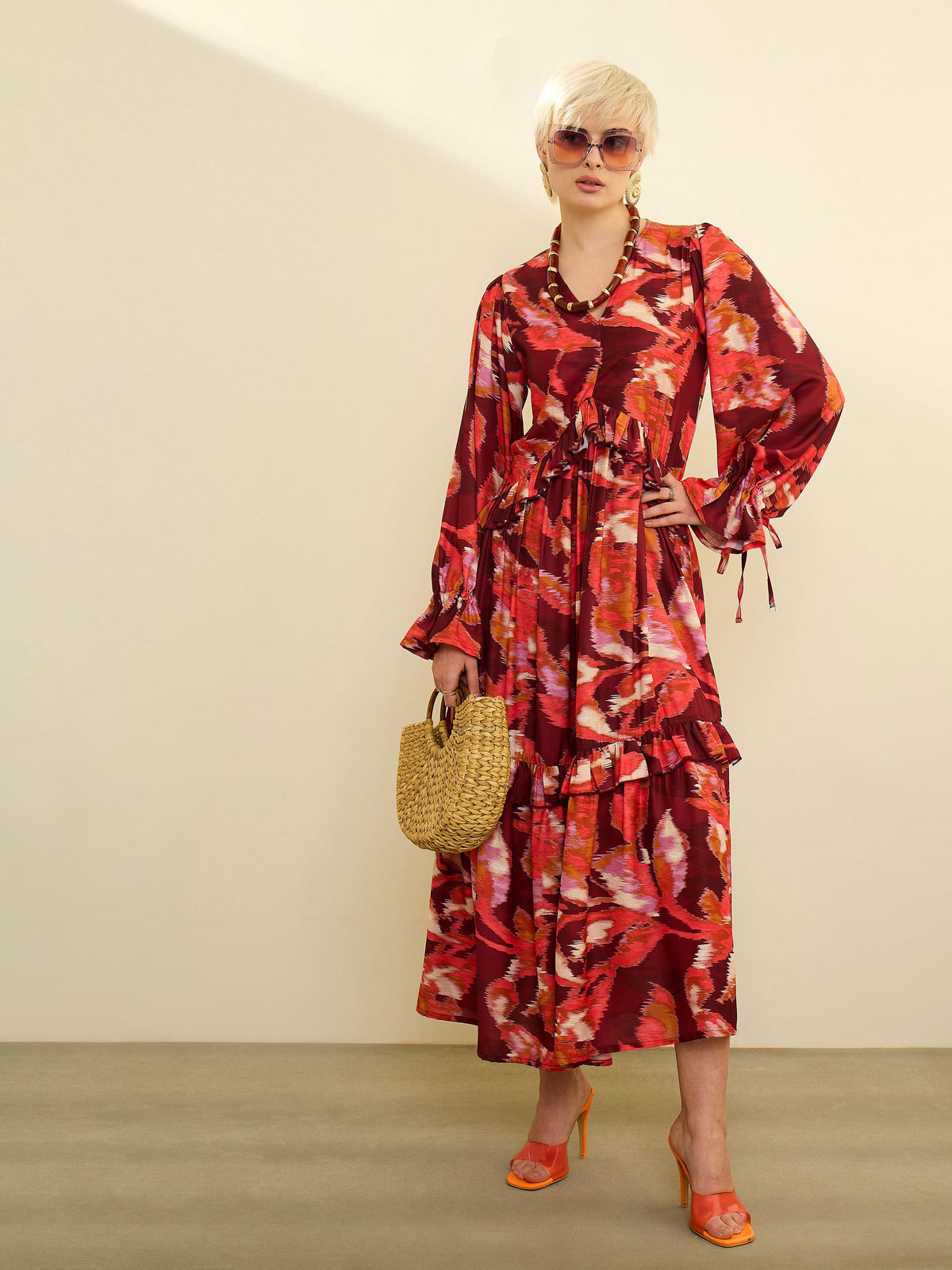 Maroon Ikat Print Front Ruffle Maxi Dress-SASSAFRAS