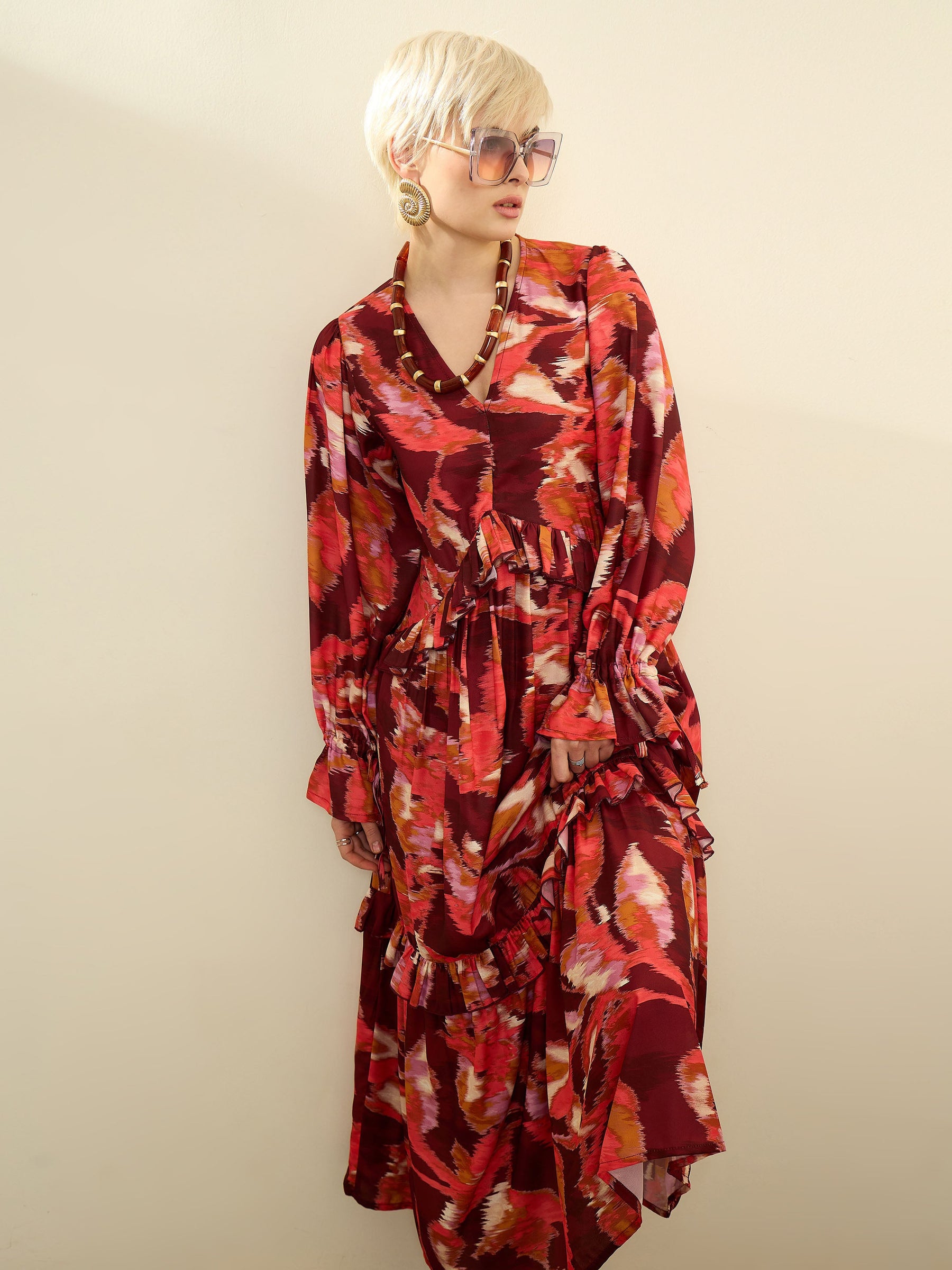 Maroon Ikat Print Front Ruffle Maxi Dress-SASSAFRAS