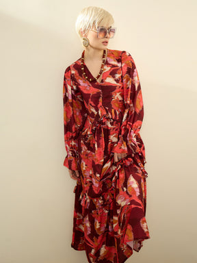 Maroon Ikat Print Front Ruffle Maxi Dress-SASSAFRAS