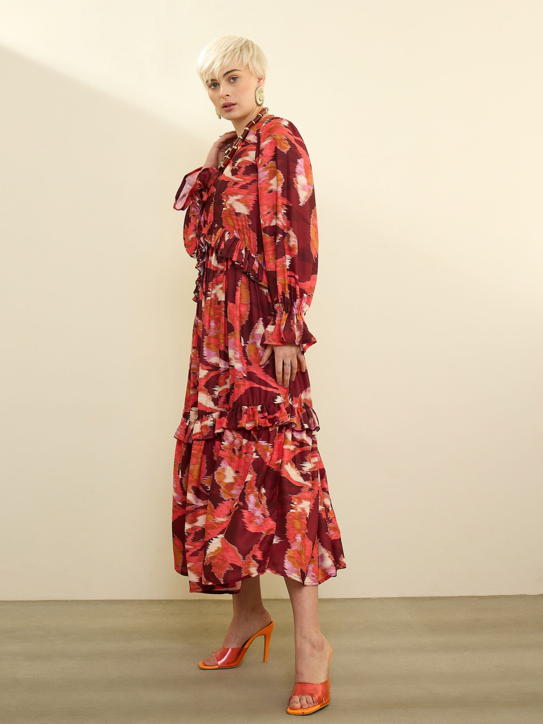 Maroon Ikat Print Front Ruffle Maxi Dress-SASSAFRAS