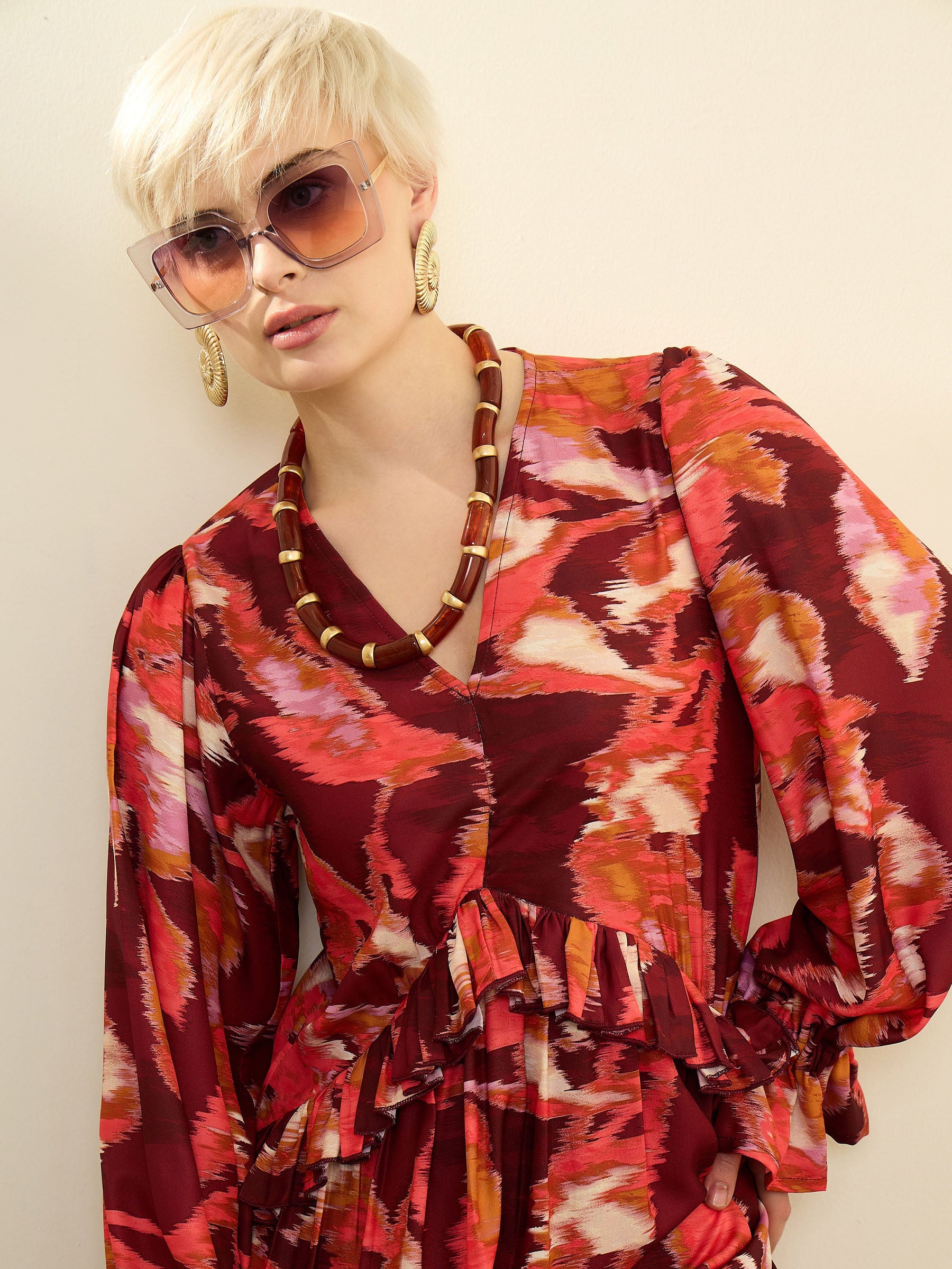 Maroon Ikat Print Front Ruffle Maxi Dress-SASSAFRAS
