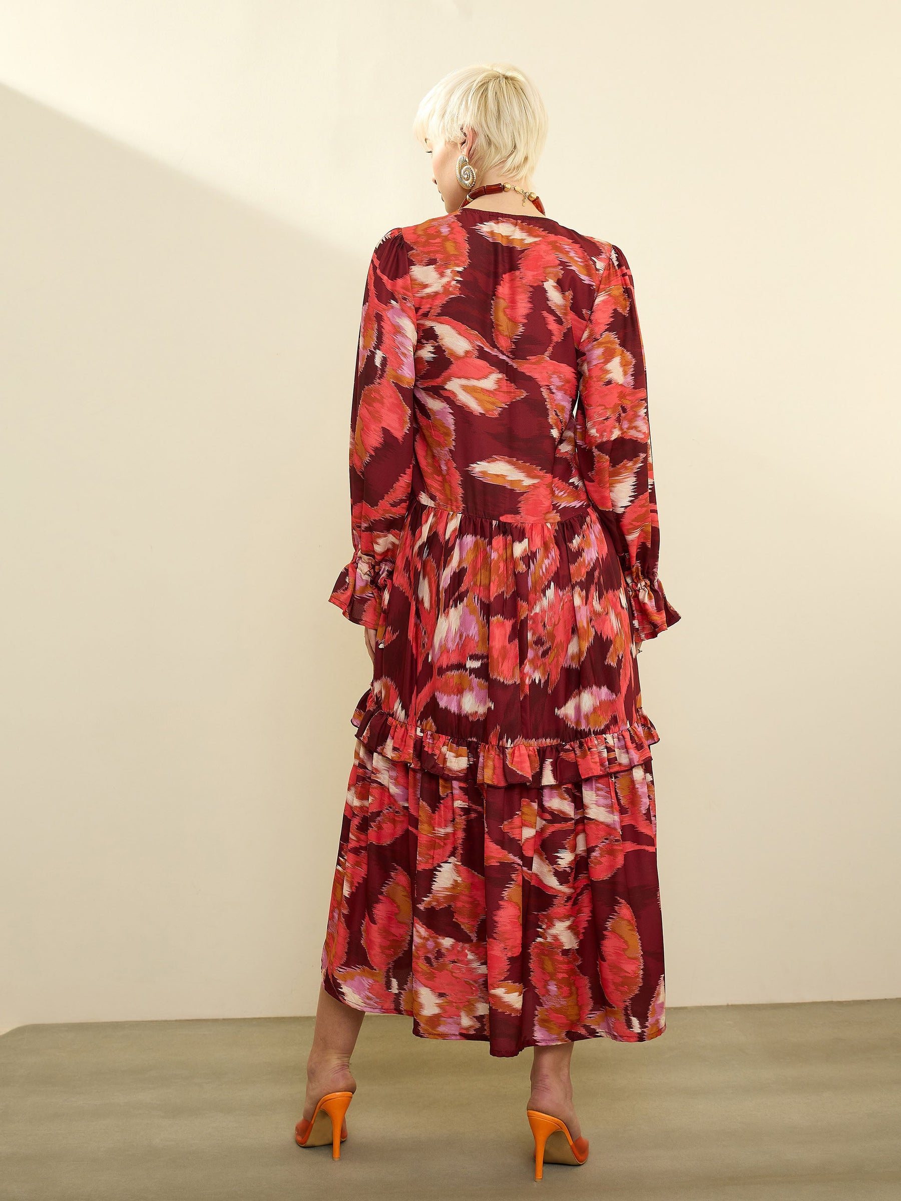 Maroon Ikat Print Front Ruffle Maxi Dress-SASSAFRAS
