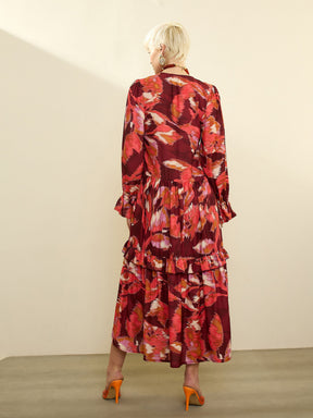 Maroon Ikat Print Front Ruffle Maxi Dress-SASSAFRAS