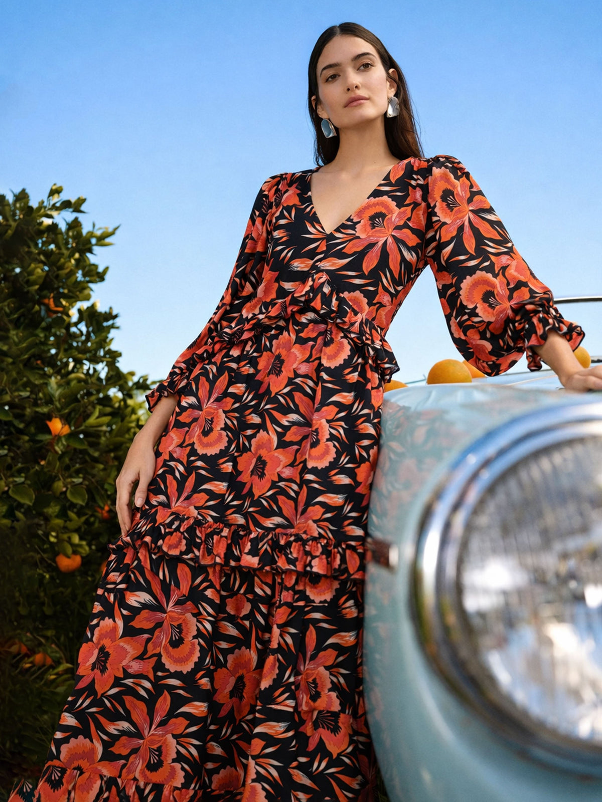 Black Floral Front Ruffle Maxi Dress-SASSAFRAS