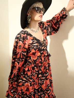 Black Floral Front Ruffle Maxi Dress-SASSAFRAS