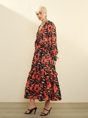 Black Floral Front Ruffle Maxi Dress-SASSAFRAS