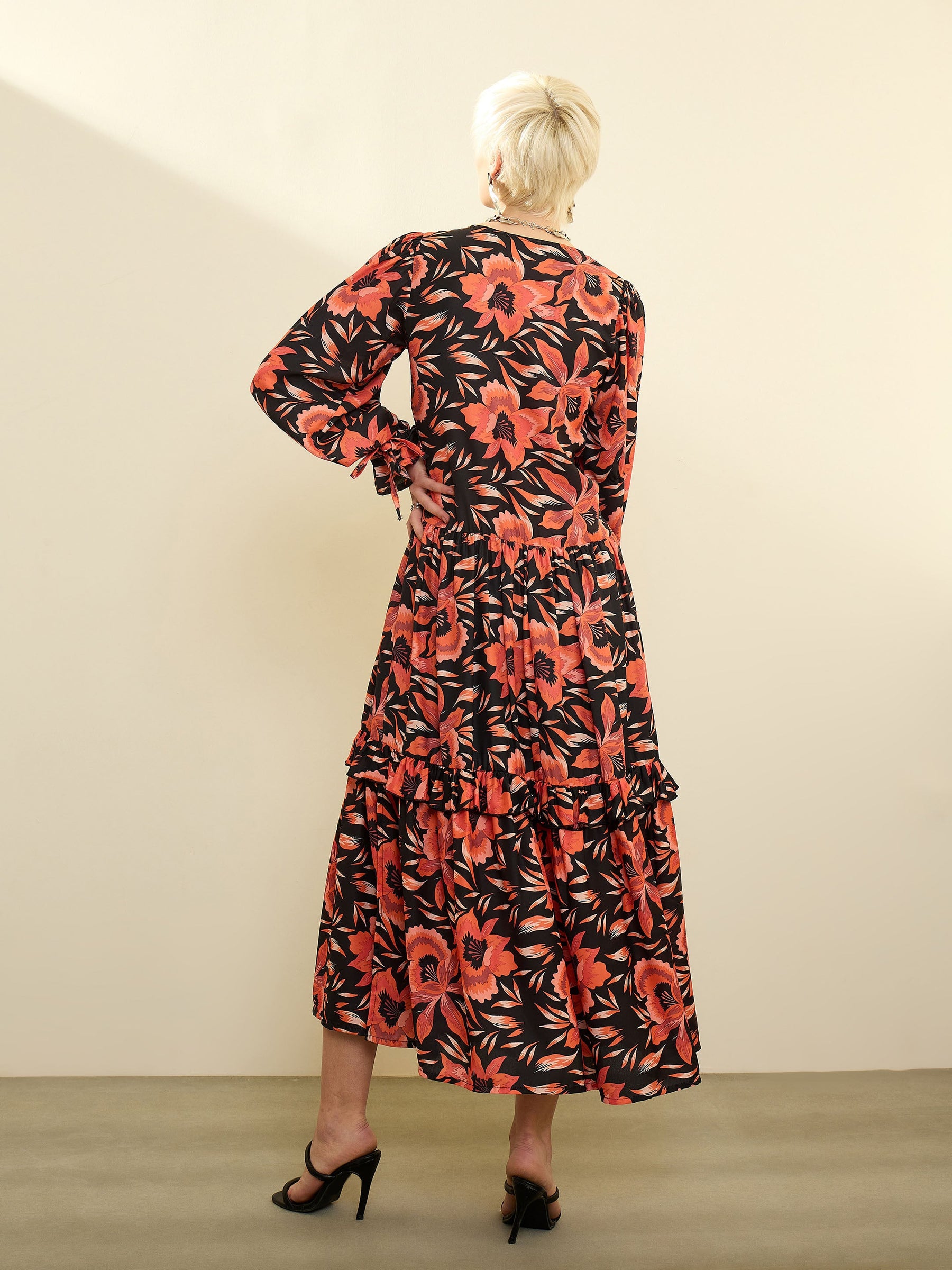 Black Floral Front Ruffle Maxi Dress-SASSAFRAS