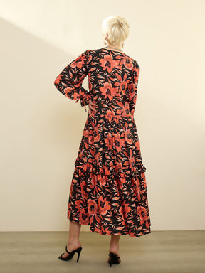 Black Floral Front Ruffle Maxi Dress-SASSAFRAS