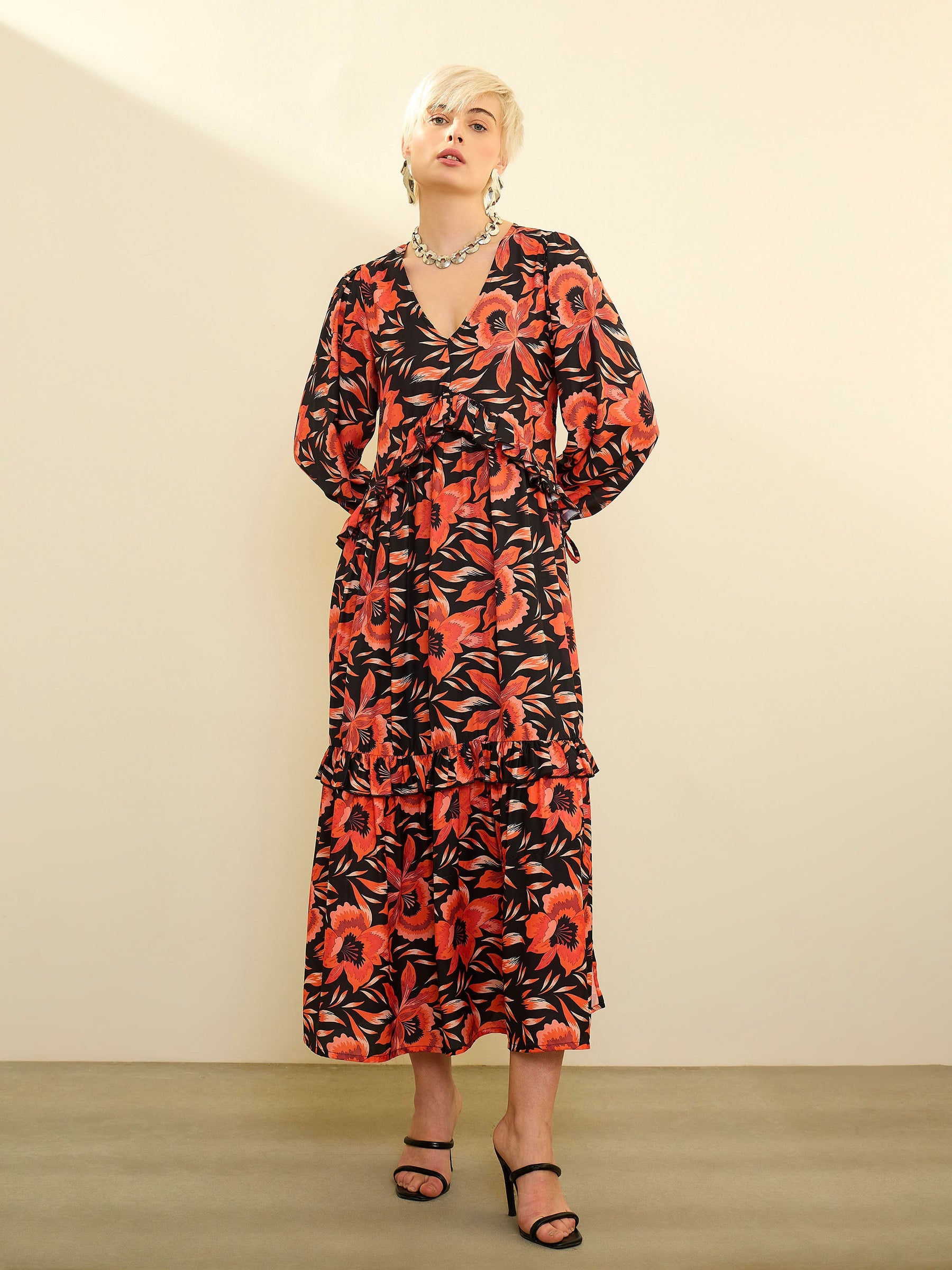 Black Floral Front Ruffle Maxi Dress-SASSAFRAS