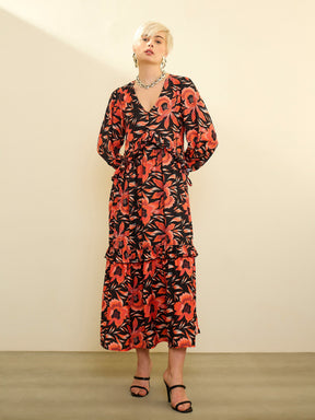 Black Floral Front Ruffle Maxi Dress-SASSAFRAS