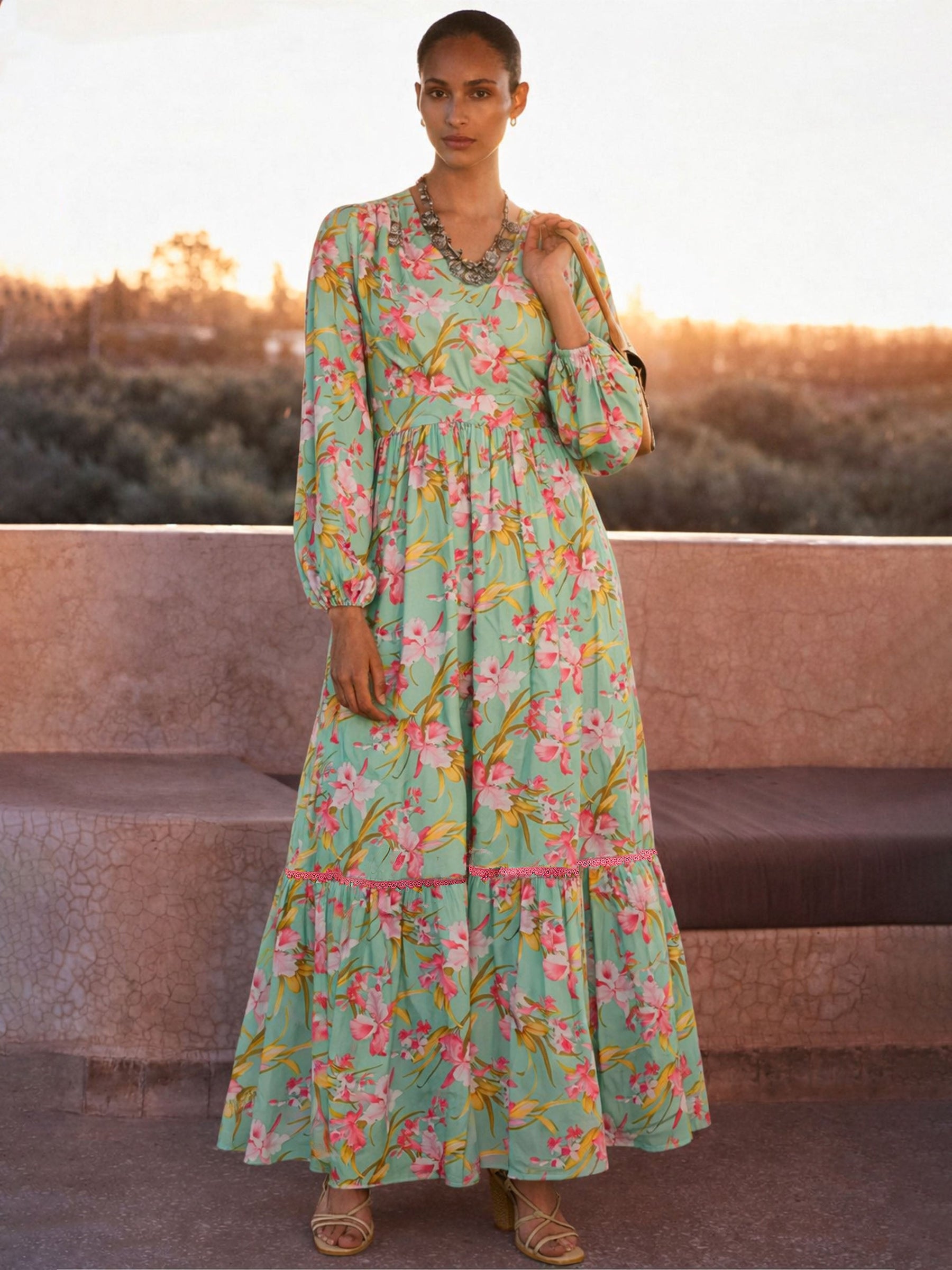 Sea Green & Pink Floral Wrap Neck Maxi Dress-SASSAFRAS