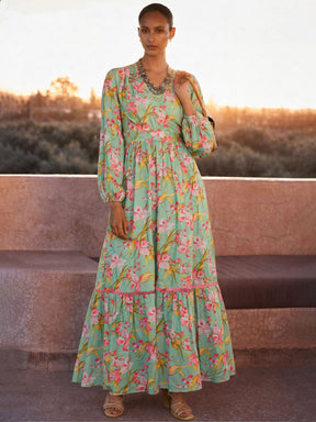 Sea Green & Pink Floral Wrap Neck Maxi Dress-SASSAFRAS