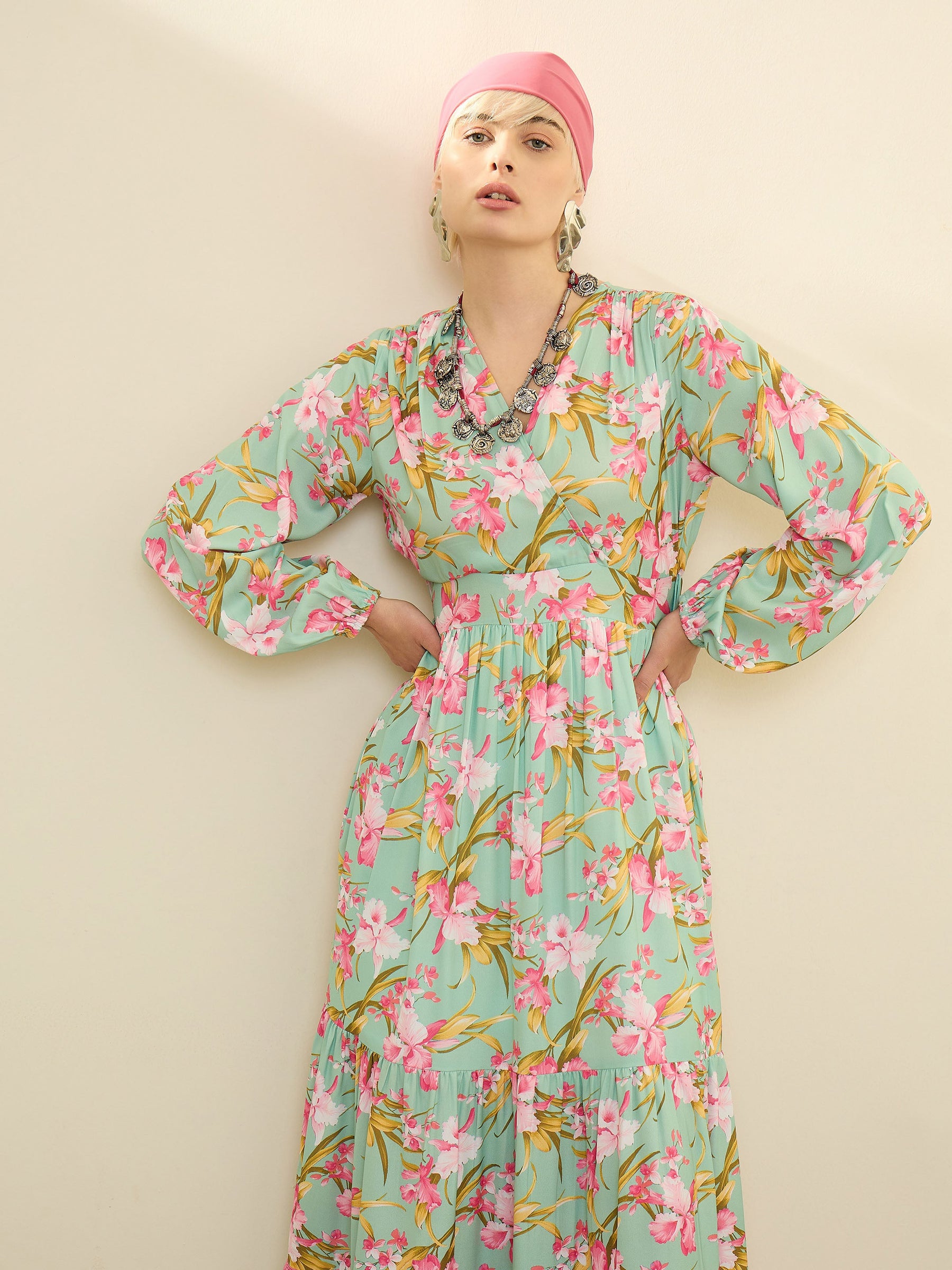 Sea Green & Pink Floral Wrap Neck Maxi Dress-SASSAFRAS