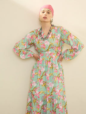 Sea Green & Pink Floral Wrap Neck Maxi Dress-SASSAFRAS