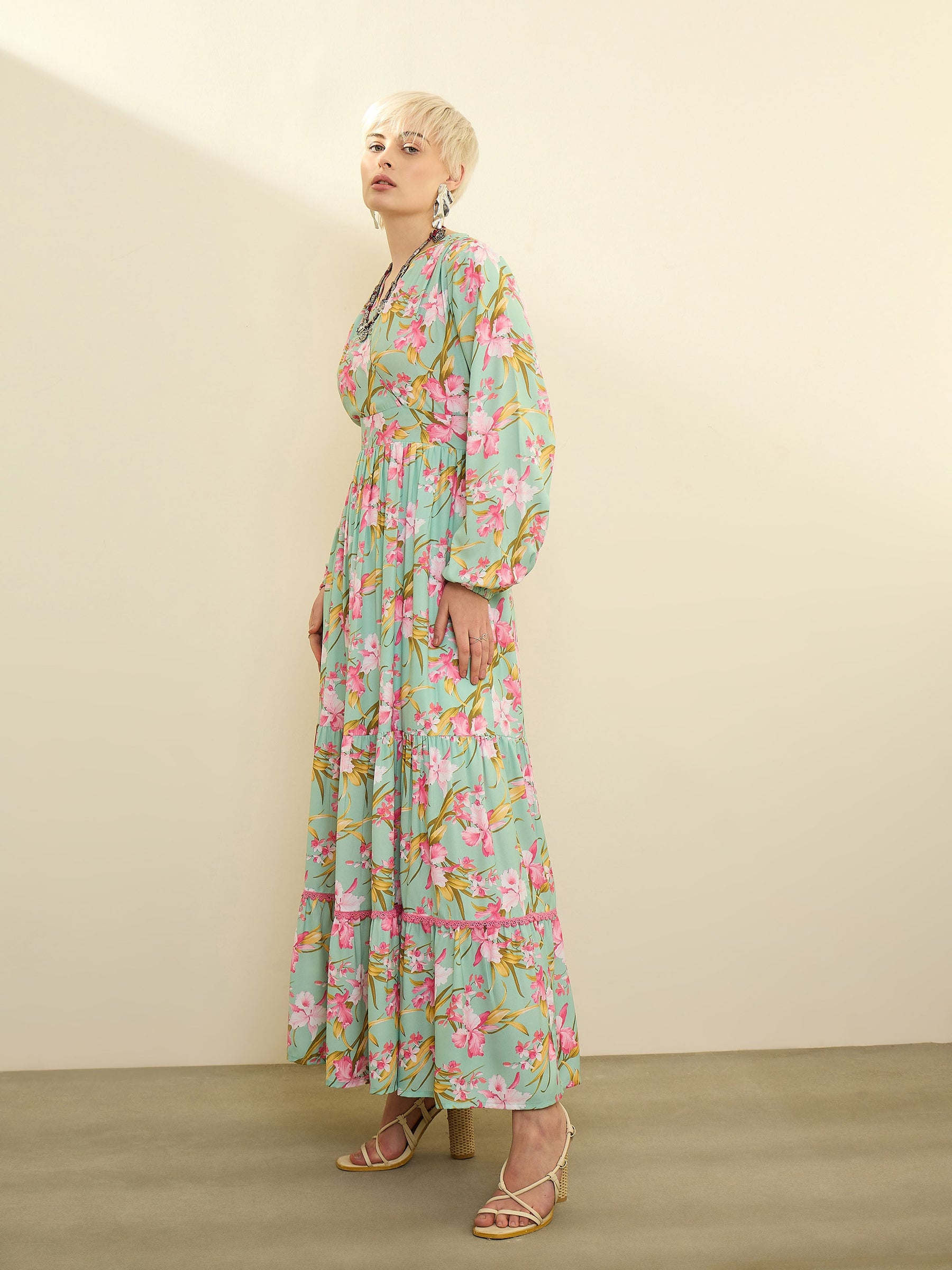 Sea Green & Pink Floral Wrap Neck Maxi Dress-SASSAFRAS