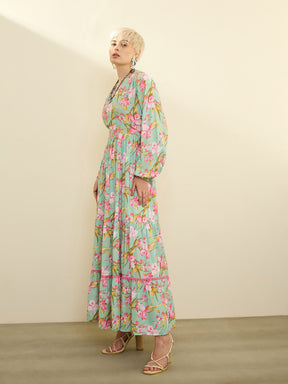 Sea Green & Pink Floral Wrap Neck Maxi Dress-SASSAFRAS