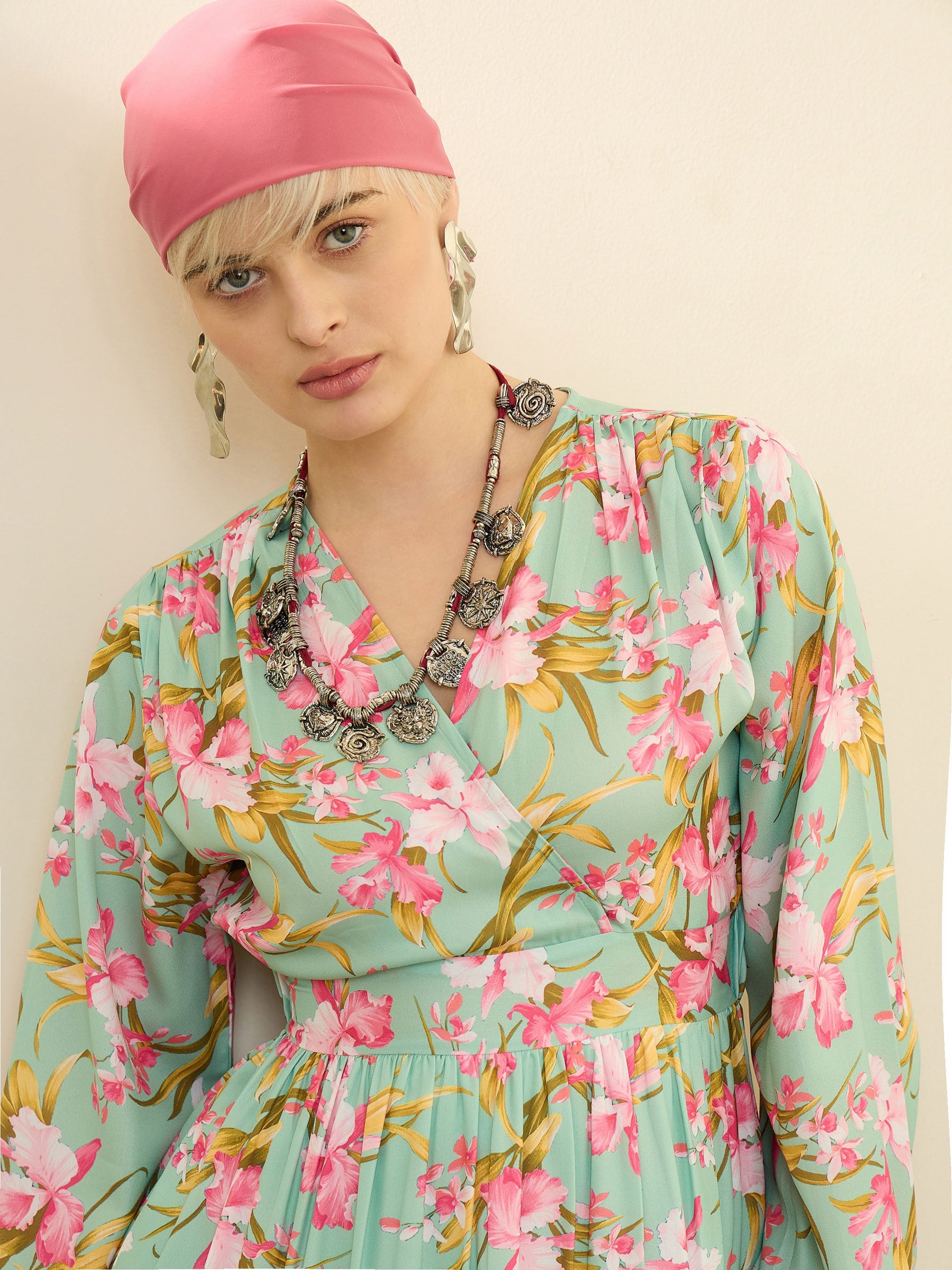 Sea Green & Pink Floral Wrap Neck Maxi Dress-SASSAFRAS
