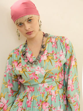 Sea Green & Pink Floral Wrap Neck Maxi Dress-SASSAFRAS