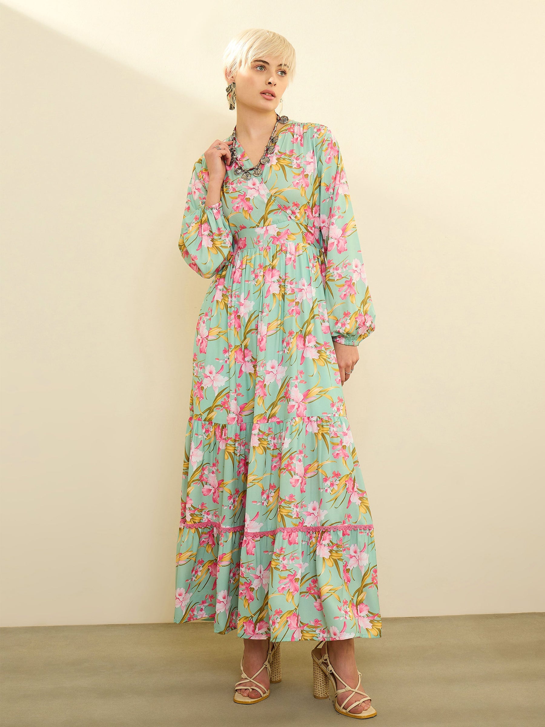 Sea Green & Pink Floral Wrap Neck Maxi Dress-SASSAFRAS