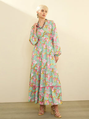 Sea Green & Pink Floral Wrap Neck Maxi Dress-SASSAFRAS