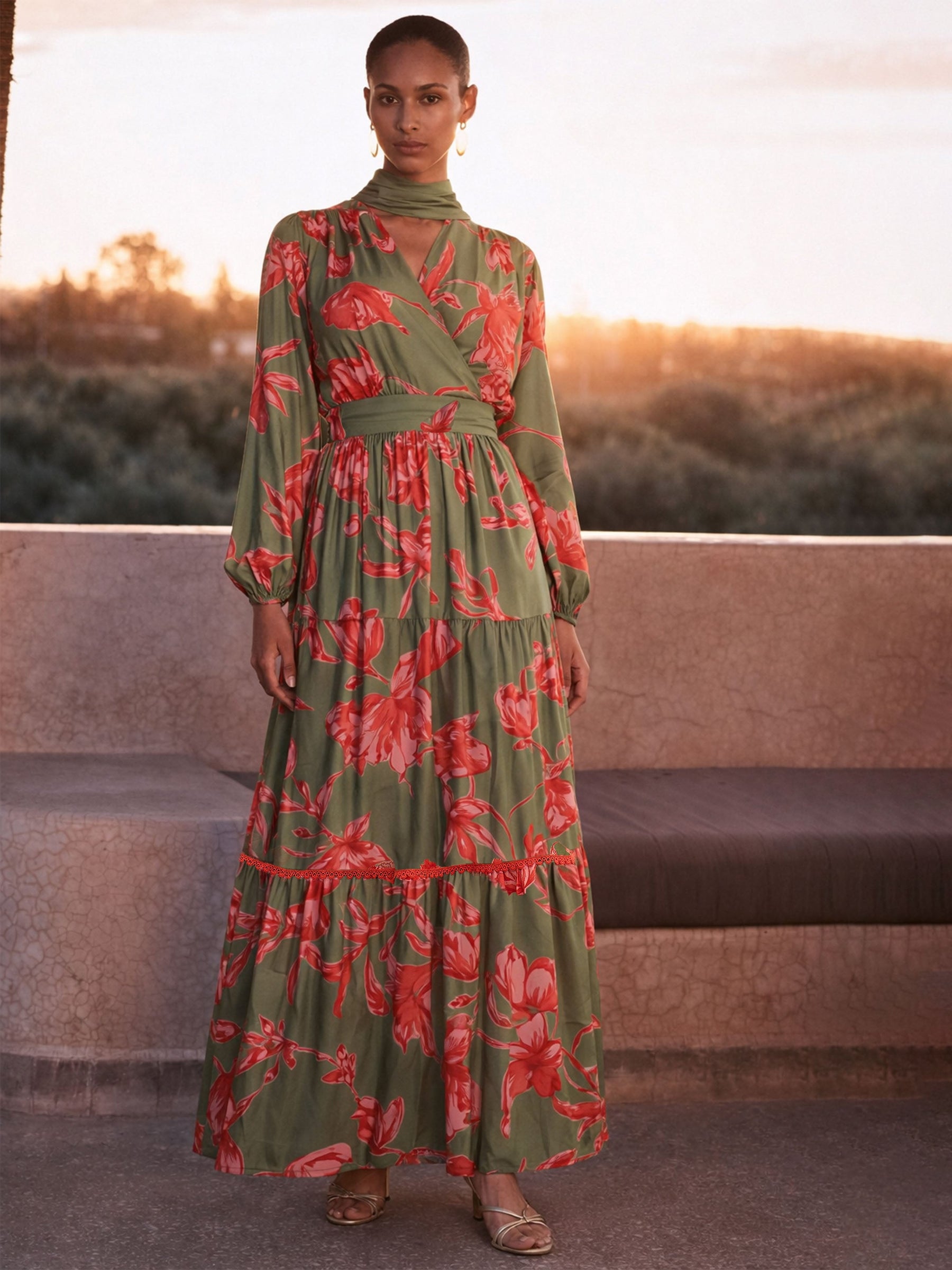 Olive & Red Floral Wrap Neck Maxi Dress-SASSAFRAS