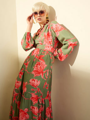 Olive & Red Floral Wrap Neck Maxi Dress-SASSAFRAS