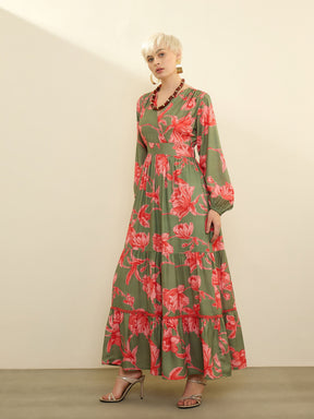 Olive & Red Floral Wrap Neck Maxi Dress-SASSAFRAS