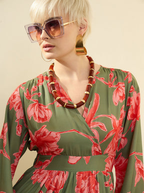 Olive & Red Floral Wrap Neck Maxi Dress-SASSAFRAS