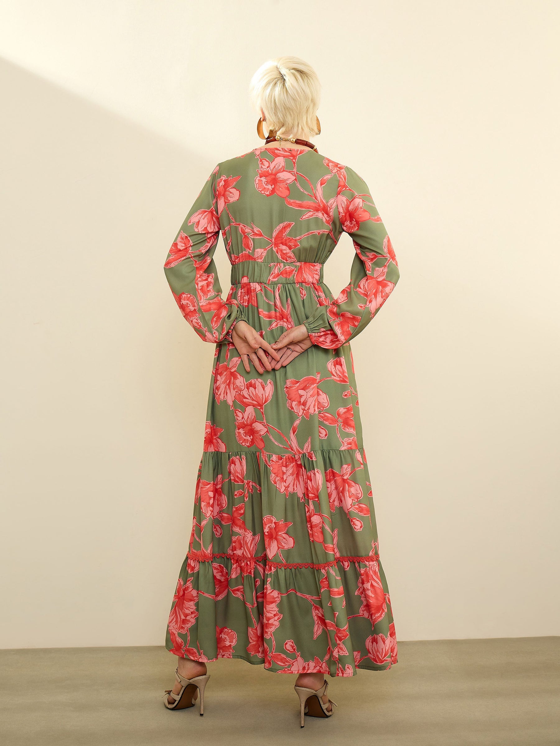 Olive & Red Floral Wrap Neck Maxi Dress-SASSAFRAS