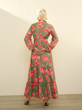 Olive & Red Floral Wrap Neck Maxi Dress-SASSAFRAS