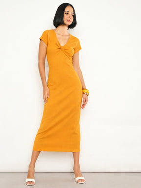 Mustard Rib Front Twisted Midi Dress-SASSAFRAS