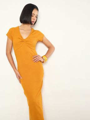 Mustard Rib Front Twisted Midi Dress-SASSAFRAS