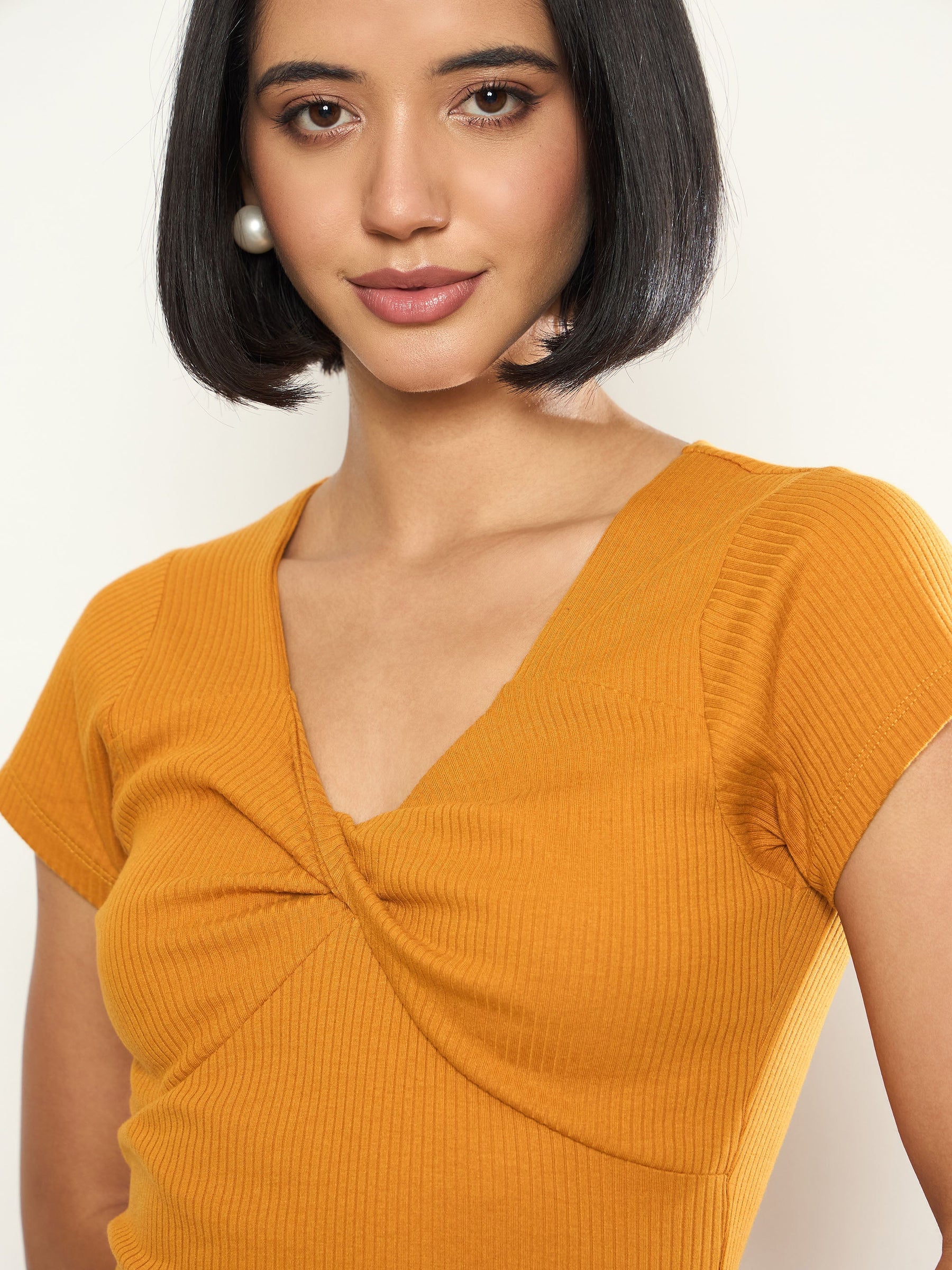 Mustard Rib Front Twisted Midi Dress-SASSAFRAS