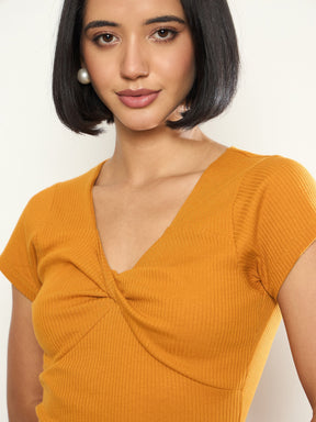 Mustard Rib Front Twisted Midi Dress-SASSAFRAS
