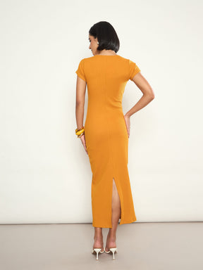 Mustard Rib Front Twisted Midi Dress-SASSAFRAS