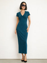 Teal Rib Front Twisted Midi Dress-SASSAFRAS