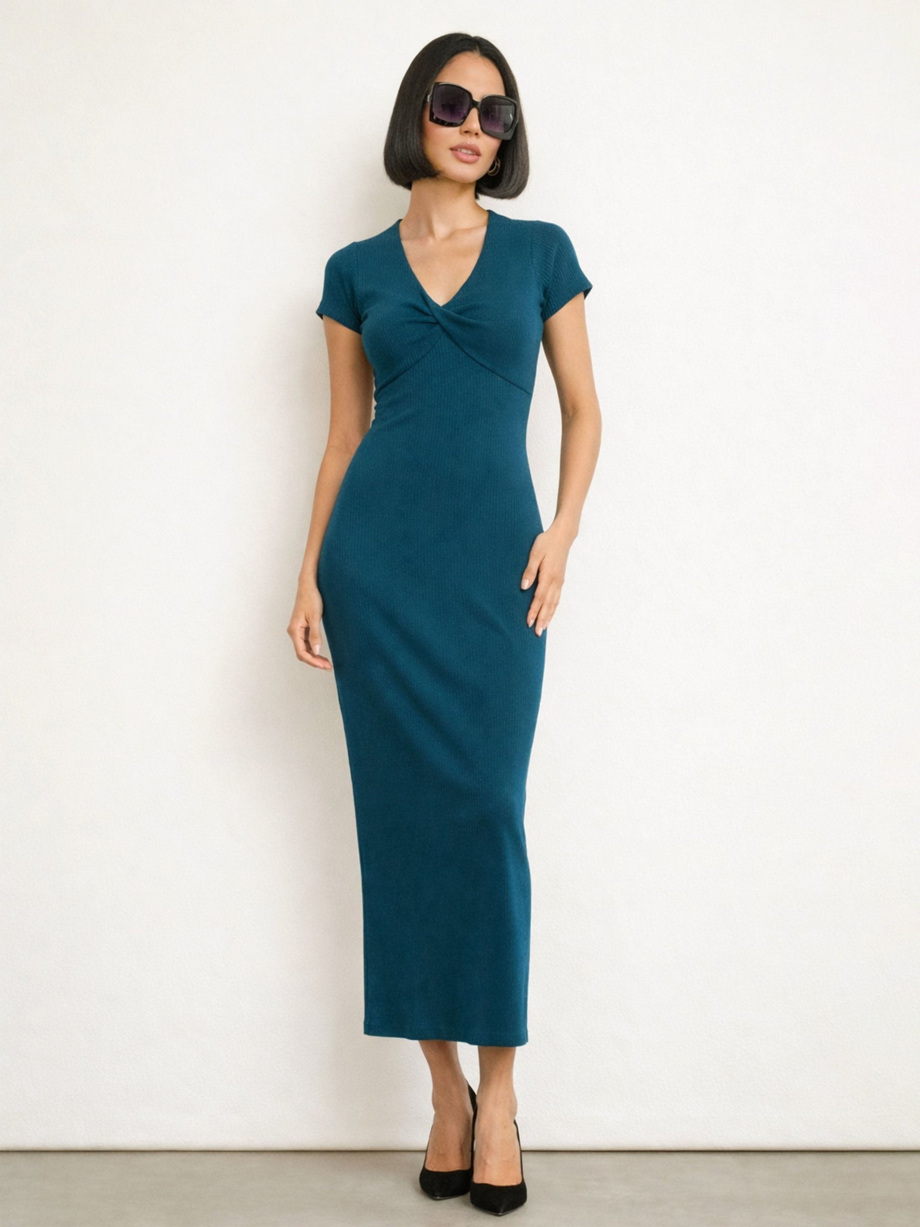 Teal Rib Front Twisted Midi Dress-SASSAFRAS